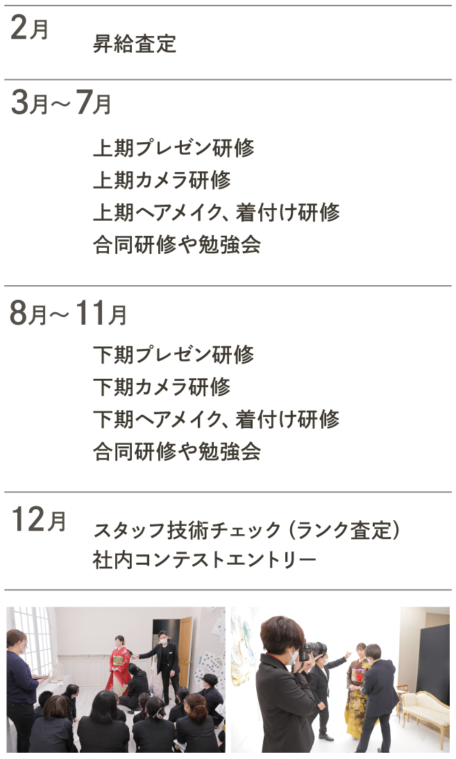 2月 昇給査定　3月〜7月 上期プレゼン研修、上期カメラ研修、上期ヘアメイク、着付け研修、合同研修や勉強会　8月〜11月 下期プレゼン研修、下期カメラ研修、下期ヘアメイク、着付け研修、合同研修や勉強会　12月 スタッフ技術チェック（ランク査定）、社内コンテストエントリー